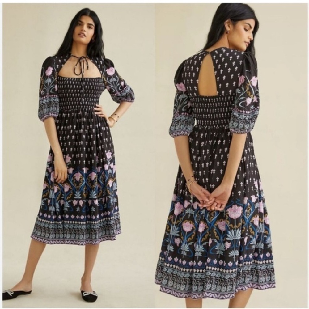 Anthropologie Dasha smocked floral black pink midi dress short puffed sleeves XS